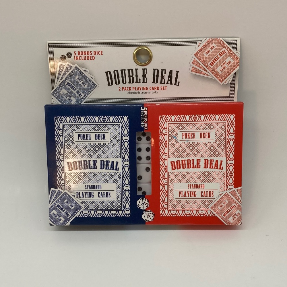 Red and Blue double deal 2 pack playing card set w/ 5 dice-new